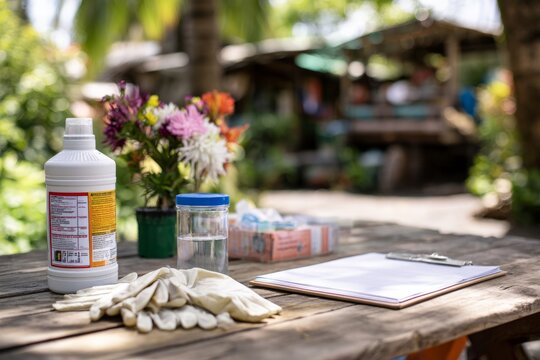 Mosquito control kit with larvicide, gloves, and clipboard on outdoor table