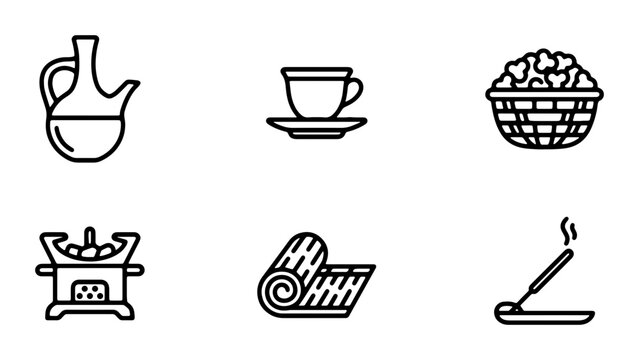 Ethiopian Coffee Ceremony Icons: Jebena, Cup, Incense, Stove, Food Basket, Mat