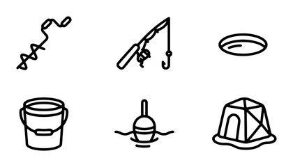 Ice Fishing Icons Set: Auger, Rod, Bucket, Bobber, Tent, Hole, Winter Sport Gear © Fahim