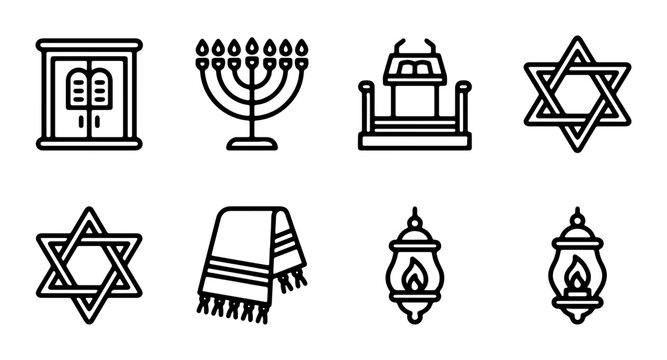 Jewish Symbols Vector Icons Set: Menorah, Star of David, Torah Ark, Tallit, Lanterns, Synagogue