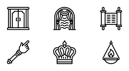 Fototapeta premium Royal Icons Set: Crown, Scepter, Scroll, Arch, Door, Lamp, Vector Graphics for Royalty and Ceremony