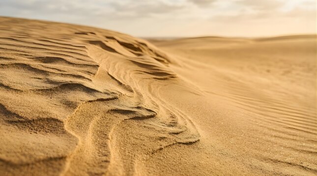 Golden desert sand dunes with wind patterns at sunrise for nature background