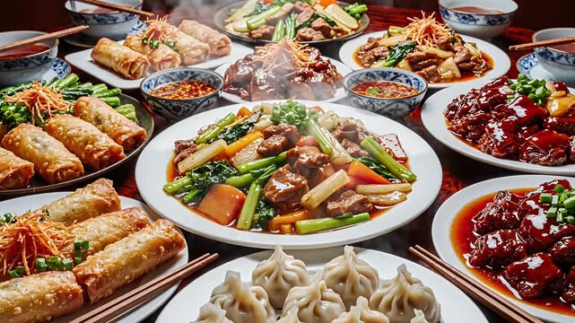 Large Chinese cuisine banquet with variety of traditional dishes