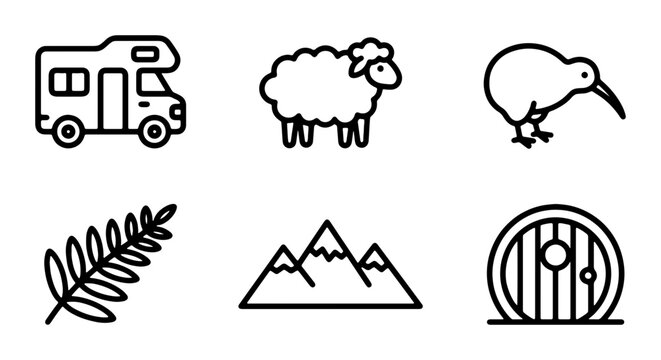 New Zealand Icons: RV, Sheep, Kiwi Bird, Fern, Mountains, Hobbit Door Vector Set