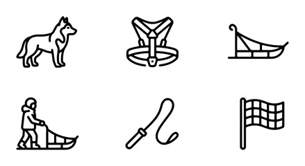 Dog Sledding Icons: Husky, Sled, Harness, Whip, Musher, Flag Set © Fahim