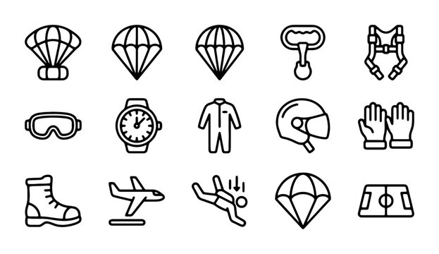 Skydiving Equipment Icons Set: Parachutes, Jumpsuit, Helmet, Goggles, Boots, Plane, Jumper, Gloves, Watch, Bottle Opener, Harness