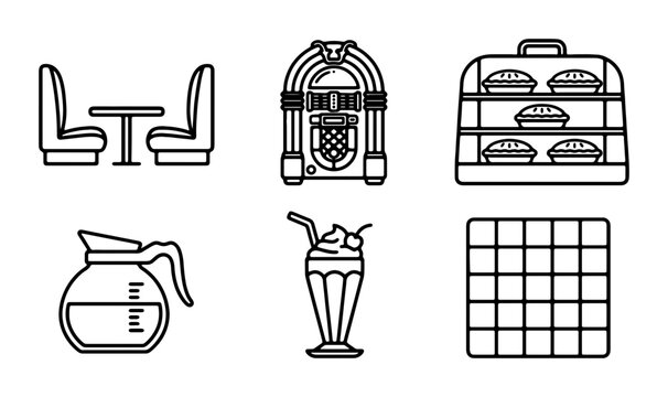 Retro Diner Icons: Jukebox, Booth, Coffee Pot, Pie Display, Milkshake, Grid Set