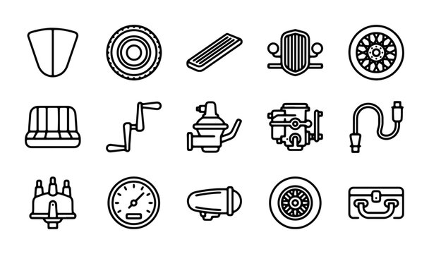 Vintage Car Parts Icons, Retro Automotive Components, Classic Vehicle Elements, Set