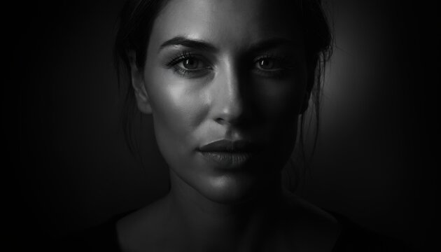 Intense Black and White Portrait of a Woman with Strong Features and Expressive Eyes Captured in Dim Lighting