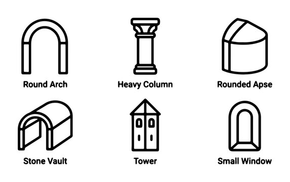 Architectural Elements Icons: Arches, Columns, Towers, Vaults, Windows, Apse Set