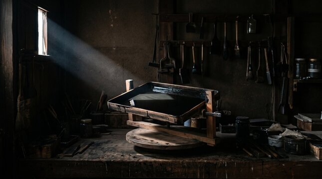 Candid lacquerware tray drying in a dark Kanazawa workshop, Japanese craft concept