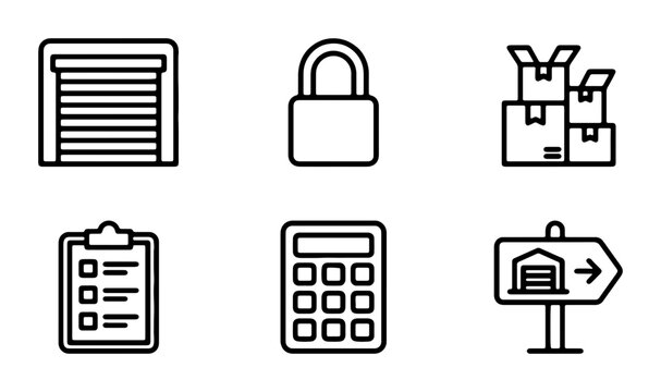 Storage Unit Icons: Warehouse, Lock, Boxes, Checklist, Calculator, Sign