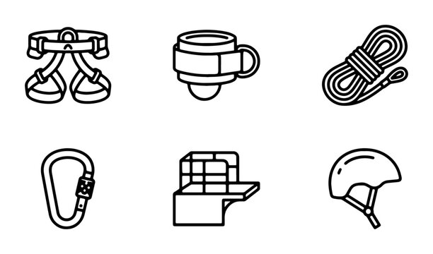 Climbing Gear Icons, Outdoor Adventure Equipment Set, Safety Harness, Rope, Carabiner, Helmet