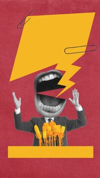 Megaphone mouth stop motion with businessman giving public speech at microphones. Concept of press briefing, political rhetoric, media performance, public relations, and crisis communication.