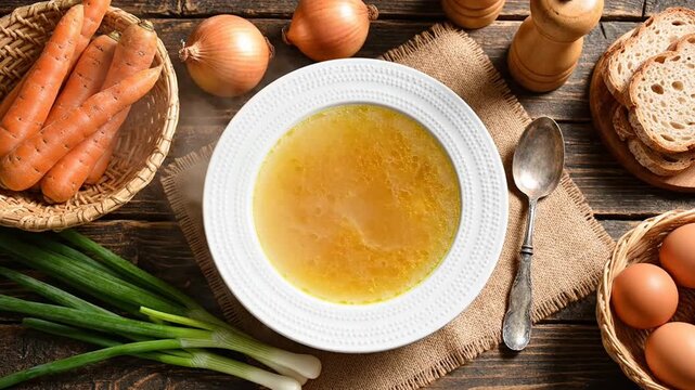 Soup bowl with steaming broth and fresh ingredients on wood