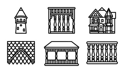 Architectural Elements Vector Icons: Balustrades, Gazebo, Tower, Roofline, House Facade © Siddiqe