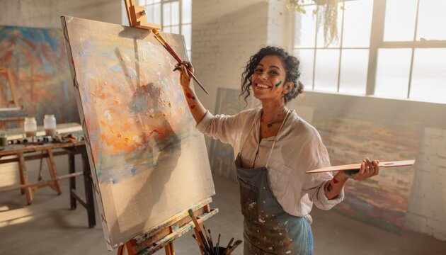 Joyful woman artist smiling while holding paintbrushes and painting colorful abstract artwork in bright studio with natural light