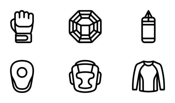 Martial Arts Icons Set, Combat Sports Equipment Vector Graphics, Training Gear Collection