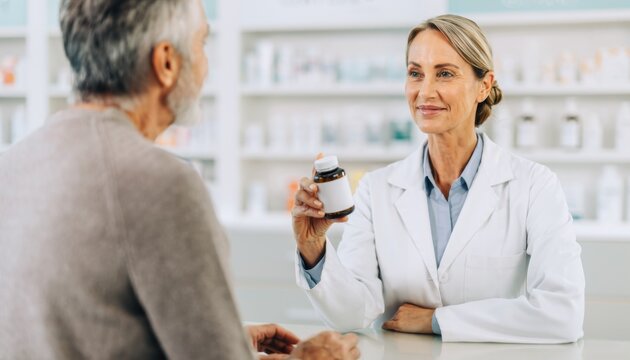 Friendly pharmacist consulting with mature patient about medication in a bright pharmacy setting with shelves of products