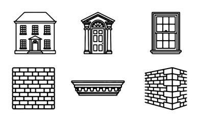Architectural Elements Icons: Classic House, Doorway, Window, Brick Wall, Cornice © Siddiqe