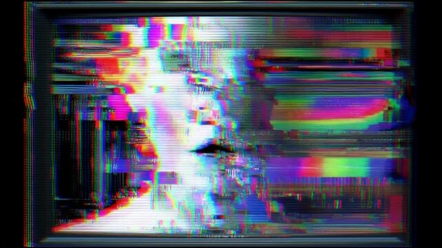 Glitchy TV screen with distorted colors, video error, digital noise, screen failure