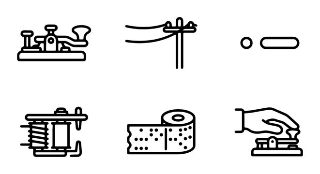 Morse Code Communication Icons, Telegraph Technology Set, Vintage Signal Devices, Historical Messaging Graphics