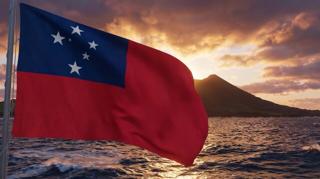 Samoa flag waving by the sea