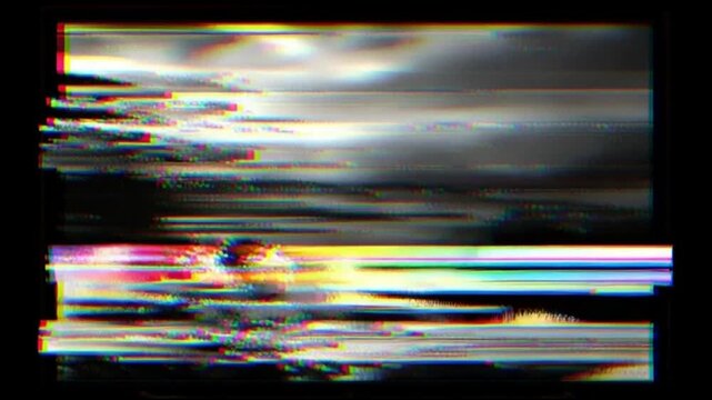 Glitchy video distortion, VHS static screen, colorful noise, retro tech error