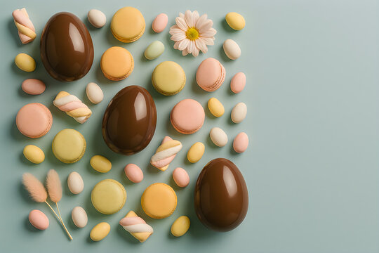 Pastel Easter chocolate eggs and macarons flat lay on soft blue background with copy space