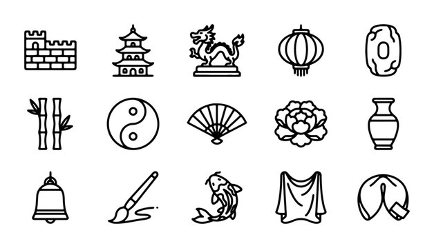 Chinese Culture Icons Set: Dragon, Pagoda, Great Wall, Fortune Cookie, Yin Yang, Fan