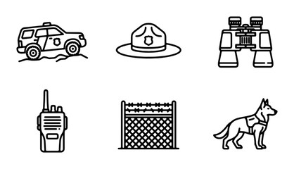 Park Ranger Icons: Patrol Car, Hat, Binoculars, Radio, Fence, K9 Dog Vector Set © Kamrul