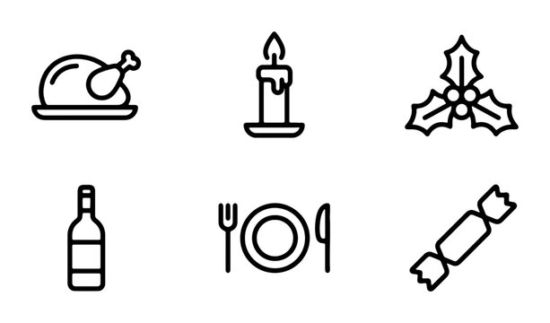 Christmas Dinner Icons Set, Festive Food and Celebration Vector Graphics