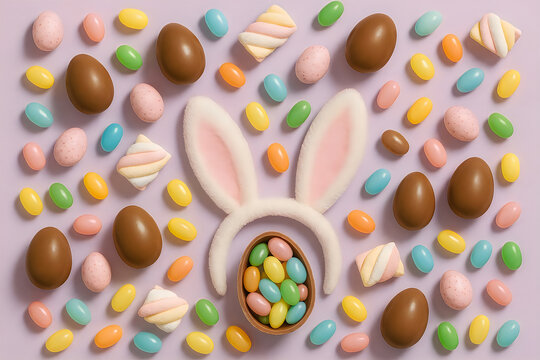 Cute Easter bunny ears with chocolate eggs and colorful candy flat lay