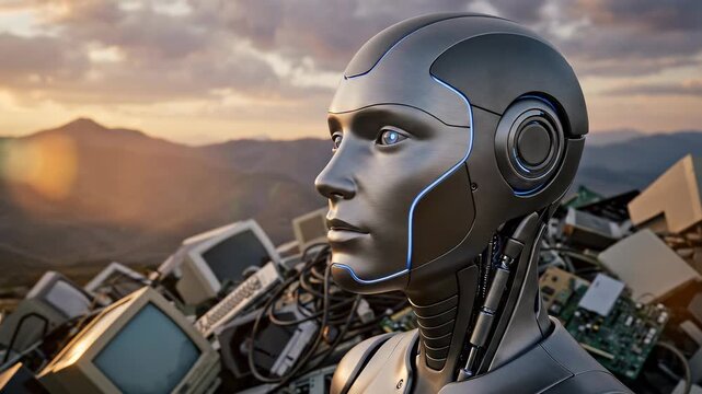 Futuristic robot head in a junkyard with old computers and mountains at sunset.