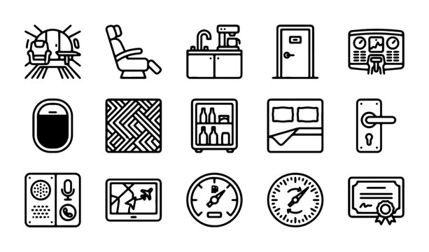Travel Icons Set, Transportation & Hospitality Vector Graphics, Airplane Window, Seat, Bed, Door