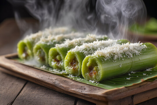 Traditional Indonesian putu cake made using bamboo tubes and wrapped in banana leaves.