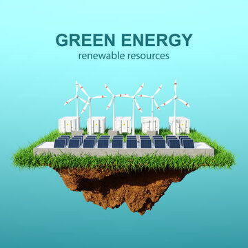 Energy storage systems or battery container units with solar panels and wind turbines. Eco energy concept. 3d-rendering