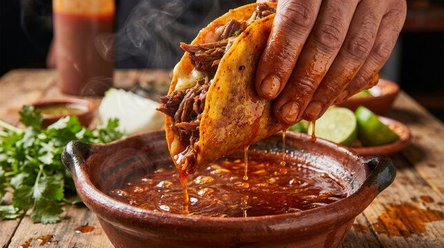 Extreme Macro of Dipping Mexican Birria Taco with Dripping Red Oil