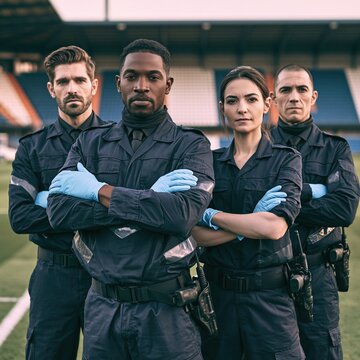 Team of professional sports medics standing on stadium field. African American man, Caucasian woman and men doctors wearing uniform and medical glove. Sport medicine support staff unit.