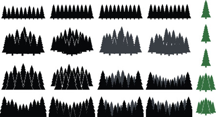 Collection of pine forest silhouettes, coniferous tree groups, nature landscape elements, vector graphic icons for design projects © MdSaiful