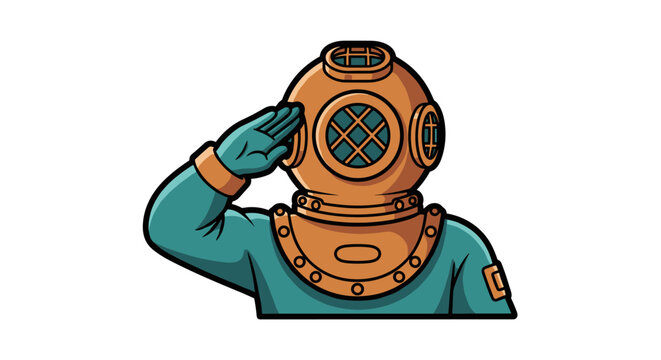 Vintage deep sea diver in copper helmet saluting