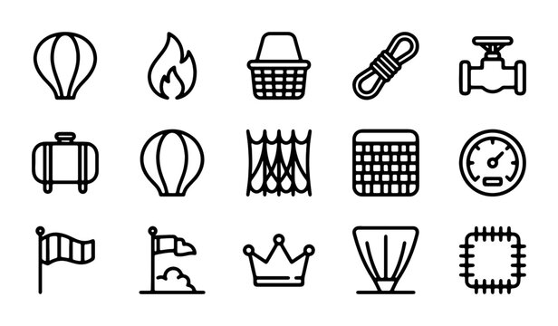 Hot Air Balloon Icons, Travel Symbols, Adventure Graphics, 15 Vector Elements