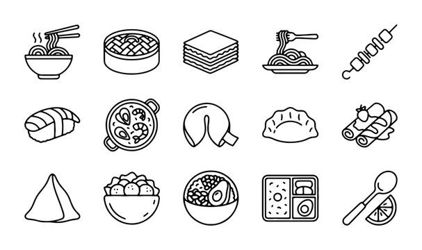 Asian Food Icons Set, Vector Graphics for Cuisine and Restaurant Menus, Delicious Meal Illustrations