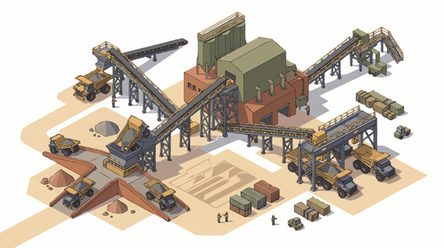 Industrial mining and processing plant with heavy machinery and trucks.
