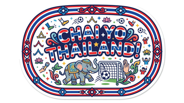 Bold flat vector sticker illustration of Chai Yo Thailand text in national flag colors with a decorated elephant, soccer ball, goalpost, lotus flowers, and traditional patterns.