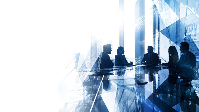 Corporate Boardroom Meeting Silhouettes in Blue Glass Office with Copy Space
