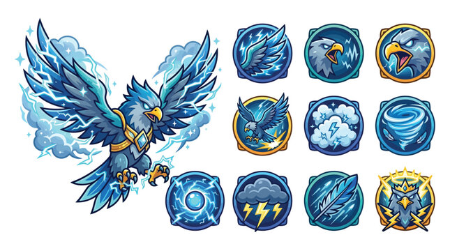 Stylized fantasy blue thunder bird eagle character with lightning effects and a set of ten matching circular game skill icons representing wind, storm, and electricity powers.