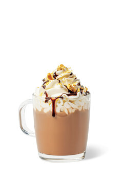 Latte with vanilla whipped cream, chocolate drizzle and cookie crumbs on top