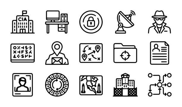 Spy and Surveillance Icons: Secret Agent, Data Security, Investigation, Intelligence Gathering