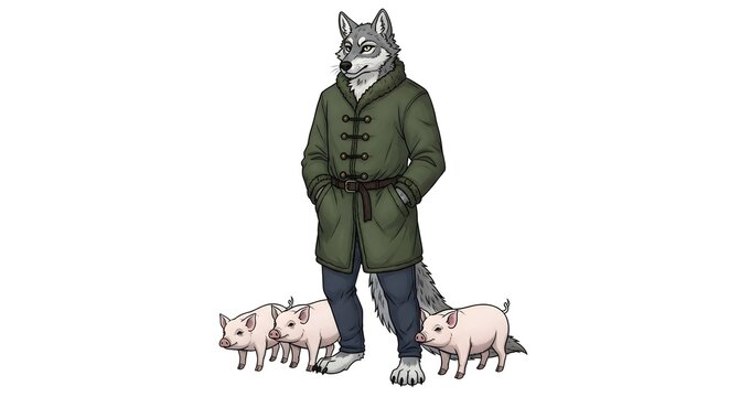A bipedal wolf-like character in a green coat stands with three small pink piglets at its feet on a white background.